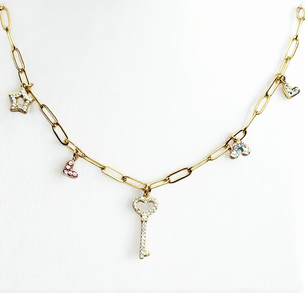 Handgefertigte Edelstahl-Gliederkette mit Zirkonia-Anhängern – vergoldet