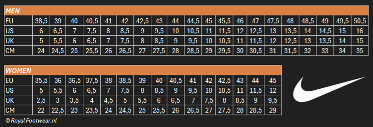 Maattabel Nike sneakers