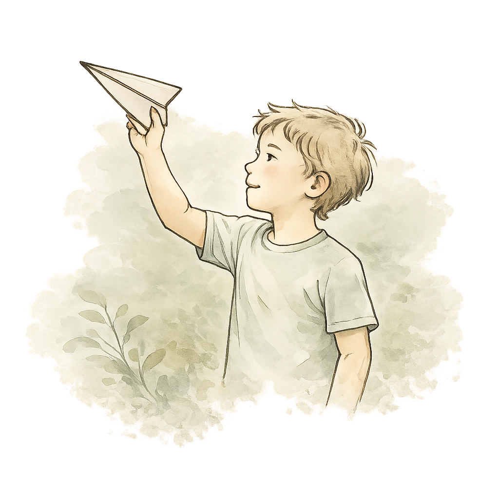 Illustration eines Jungen mit Papierflieger als Symbol für Kreativität und individuelle Entwicklung