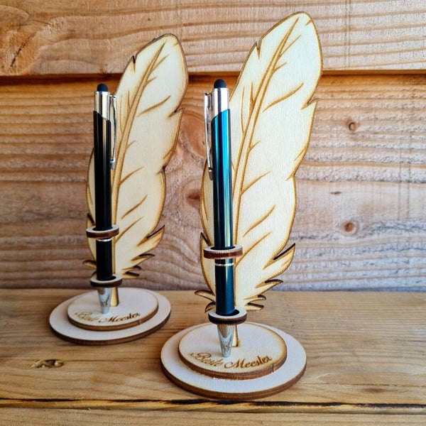 Houten balpenhouder pluim