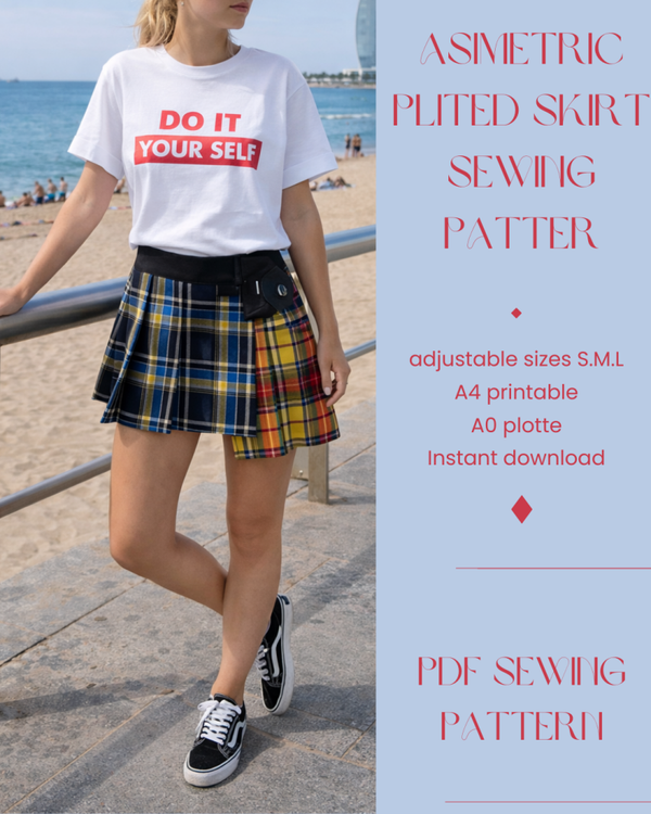 Asymmetrical Plaid Mini Skirt Sewing Pattern PDF · Patchwork Tartan Skirt · A0 + A4 Printable · Adjustable Waist