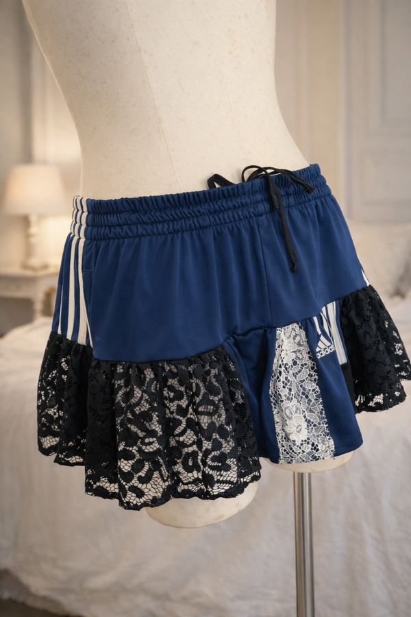 Reworked Adidas Mini Skirt – Upcycled Sport Skirt with Lace – Retro Shorts Rework – Size S/M – One of a Kind