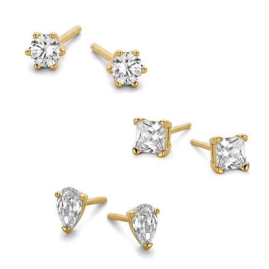 New Bling zilveren oorbellen met zirkonia set 3 paar goudkleur