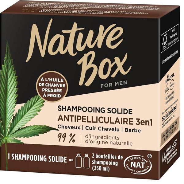 Nature Box - Shampoing solide homme antipelliculaire au Chanvre pour les cheveux, le cuir chevelu et la barbe - 85 G
