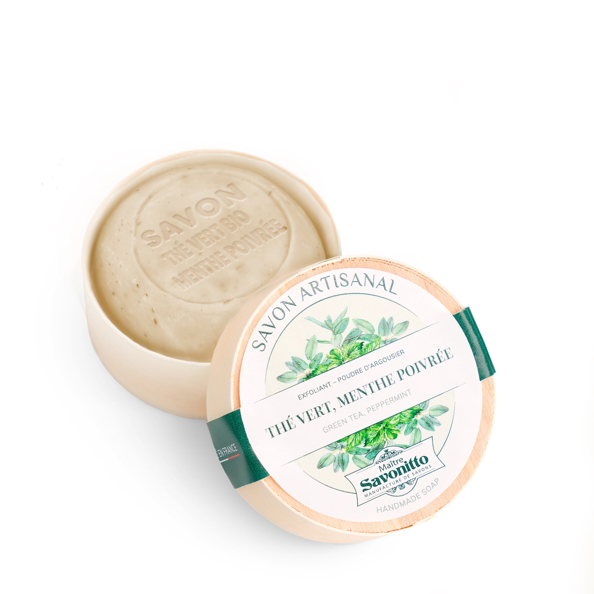 Maitre Savonitto - Boite bois savon Exfoliant au Thé Vert, Menthe Poivrée - 100 G
