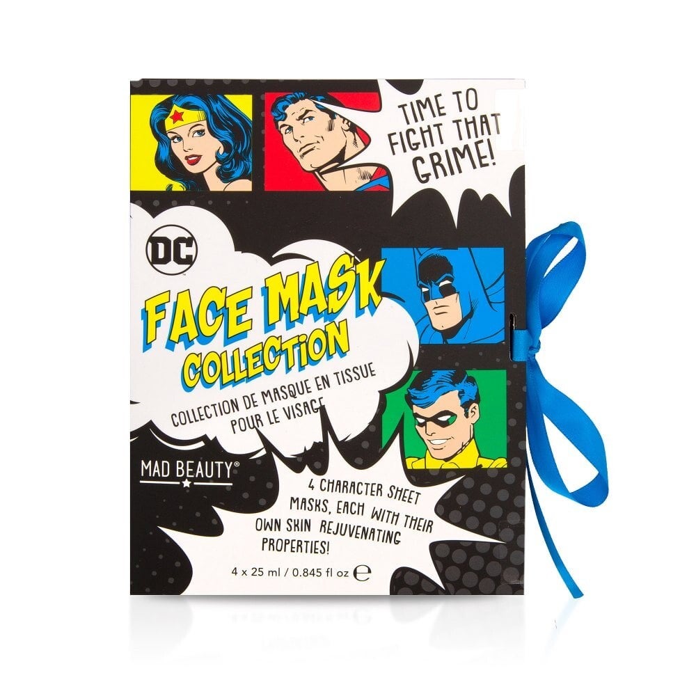 Mad Beauty - Collection de masques en tissu pour le visage au Thé Noir, au Concombre, à la Noix de Coco et à la Pastèque DC Comics - 4 x 25 ml