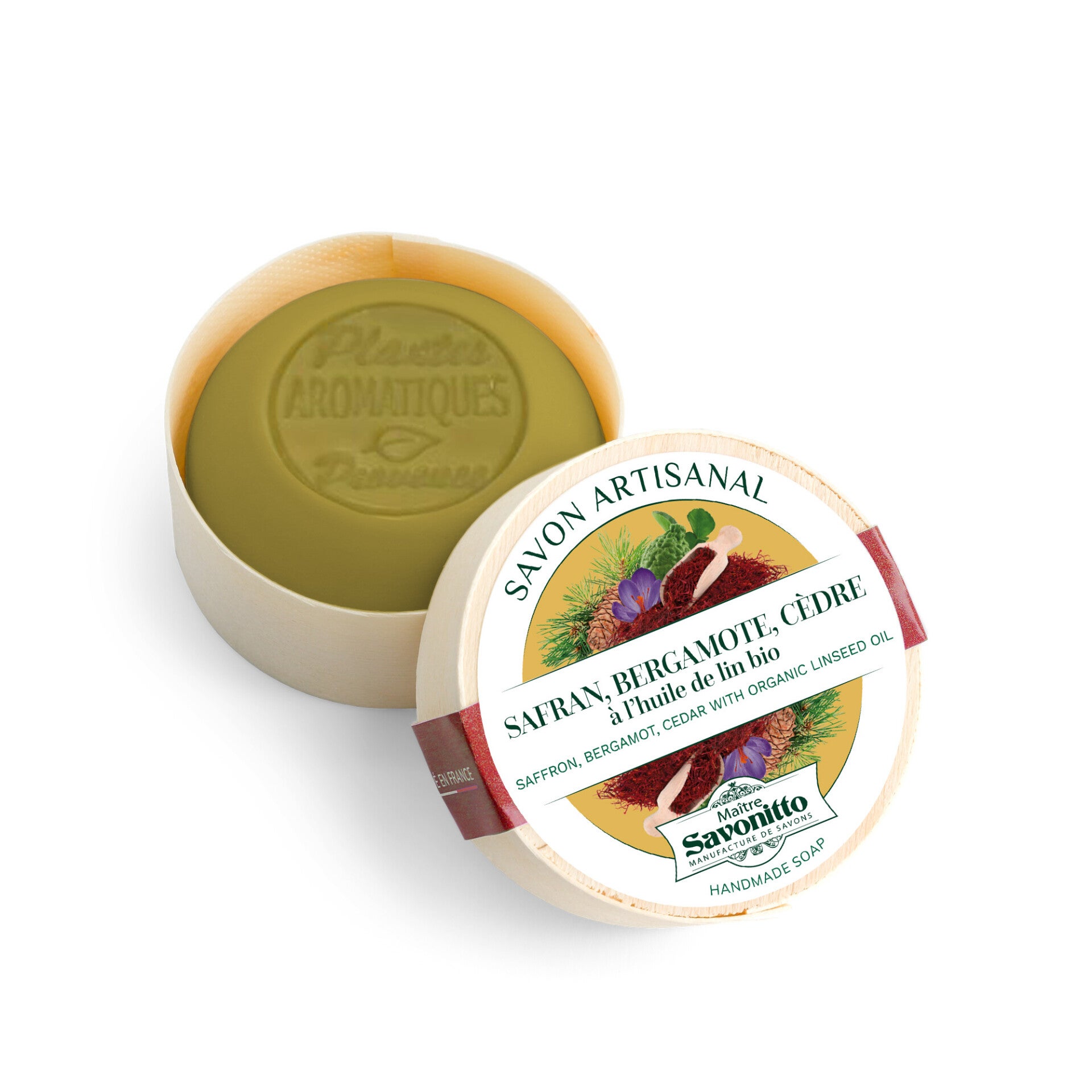 Maitre Savonitto - Boite bois savon au Safran, Bergamote, Cèdre - 100 G