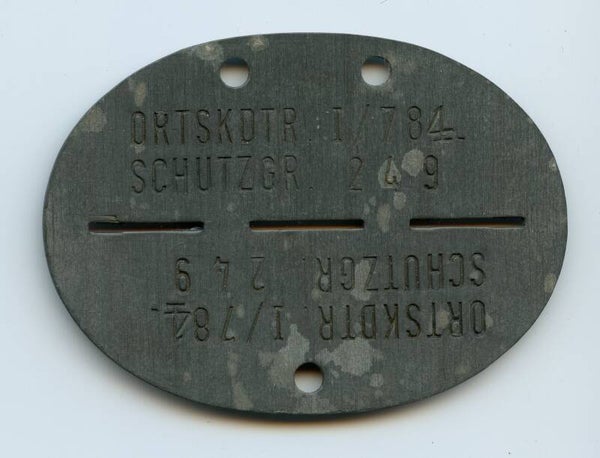 Erkennungsmarke "ORTSKDTR. I/784 SCHUTZGR. 249"