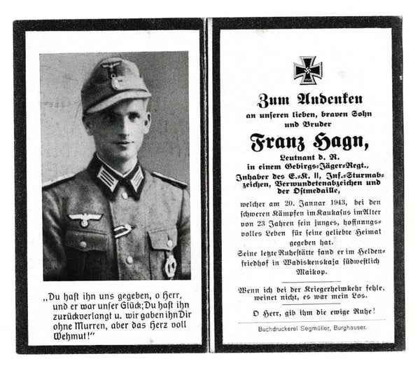 SOLD Death Card to Leutnant Franz Sagn, Gebirgsjäger Rgt, Caucasus 1943