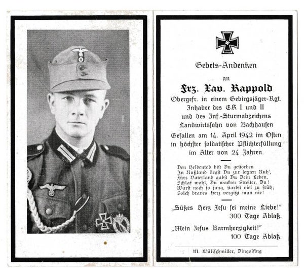 SOLD Death Card to Obergefreiter Kappold, Gebirgsjäger Rgt, Eastern Front 1942