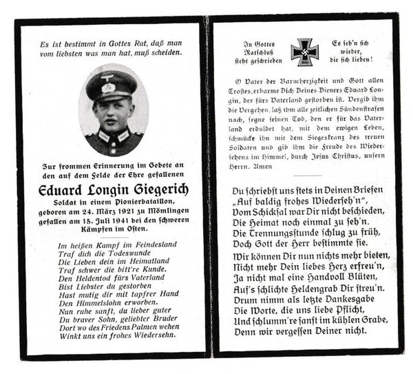 Death Card to Soldat Giegerich, Pionier Btl, Eastern Front 1941