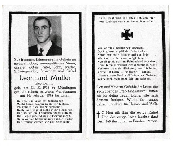 Death Card to Eisenbahner Leonhard Muller, Eastern Front 1944