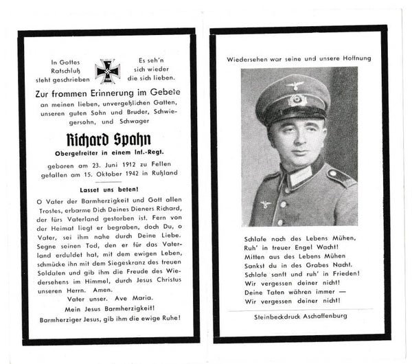 Death Card to Obergefreiter Richard Spahn, Infanterie Rgt, Russia 1942