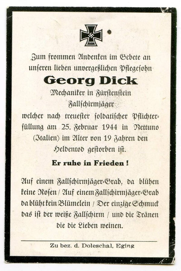 Death Card to Jäger Georg Dick, Fallschirmjäger Rgt, Nettuno 1944