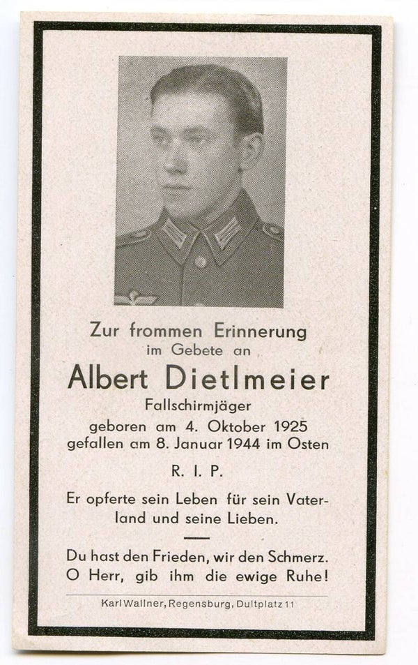 Death Card to Fallschirmjäger Albert Dietlmeier, Fallschirmjäger Rgt, Eastern Front 1944