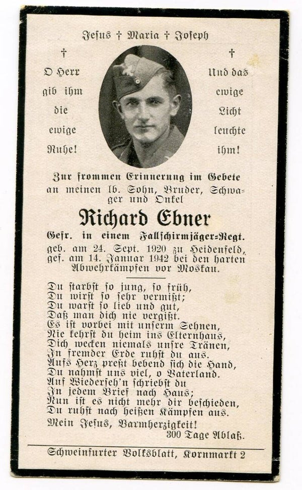 Death Card to Gefreiter Richard Ebner, Fallschirmjäger Rgt, Moscow 1942