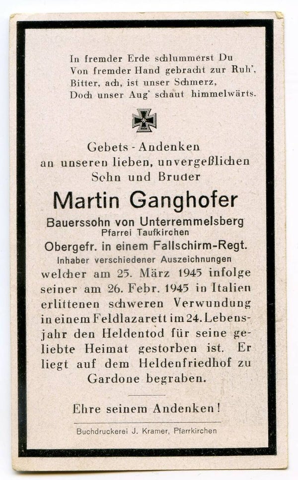 Death Card to Obergefreiter Martin Ganghofer, Fallschirmjäger Rgt, Italy 1945