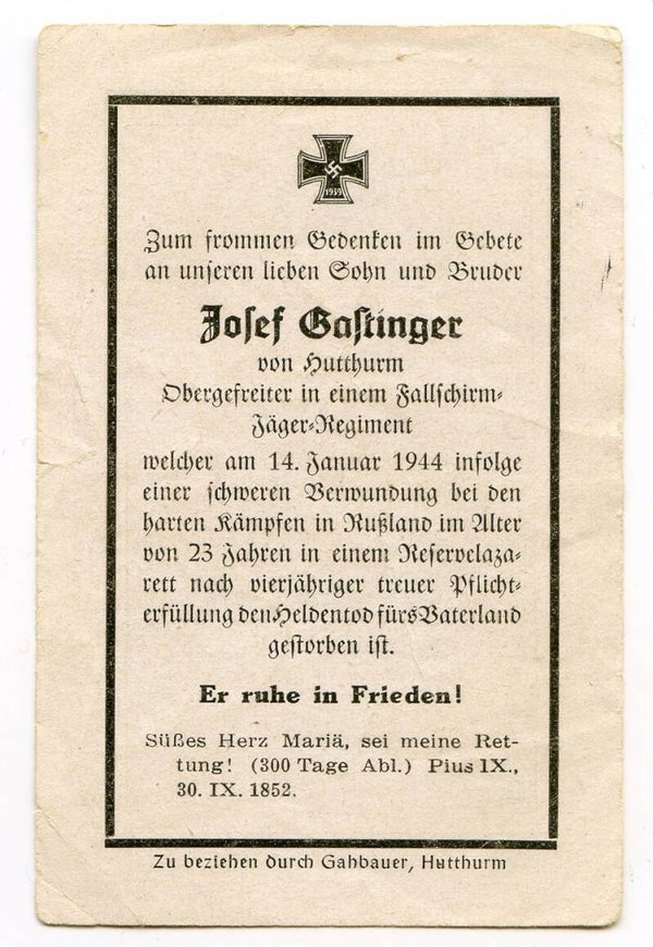 Death Card to Obergefreiter Josef Gastinger, Fallschirmjäger Rgt, Krakow 1944