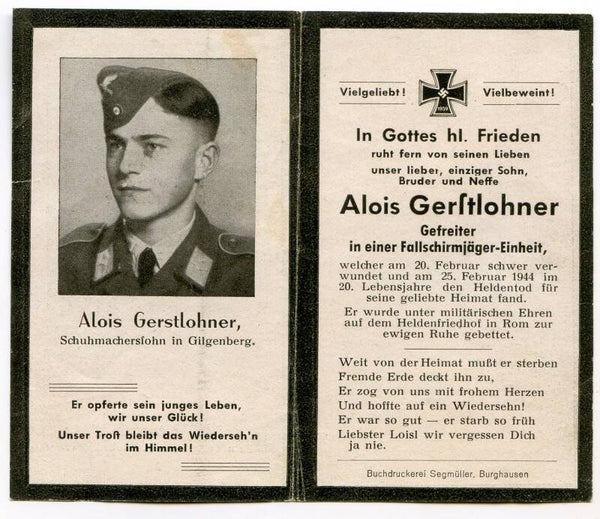 Death Card to Gefreiter Alois Gerstlohner, Fallschirmjäger Einheit, Rome 1944