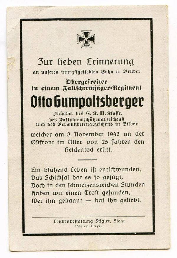 Death Card to Obergefreiter Otto Gumpoltsberger, Fallschirmjäger Rgt, Eastern Front 1942