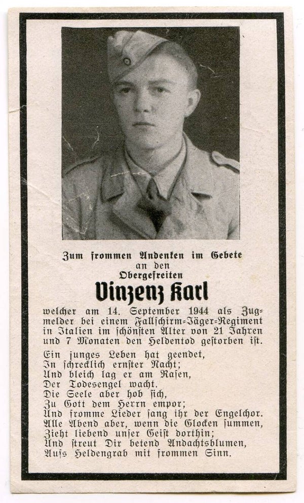 Death Card to Obergefreiter Karl Vinzens, Fallschirmjäger Rgt, Italy 1944