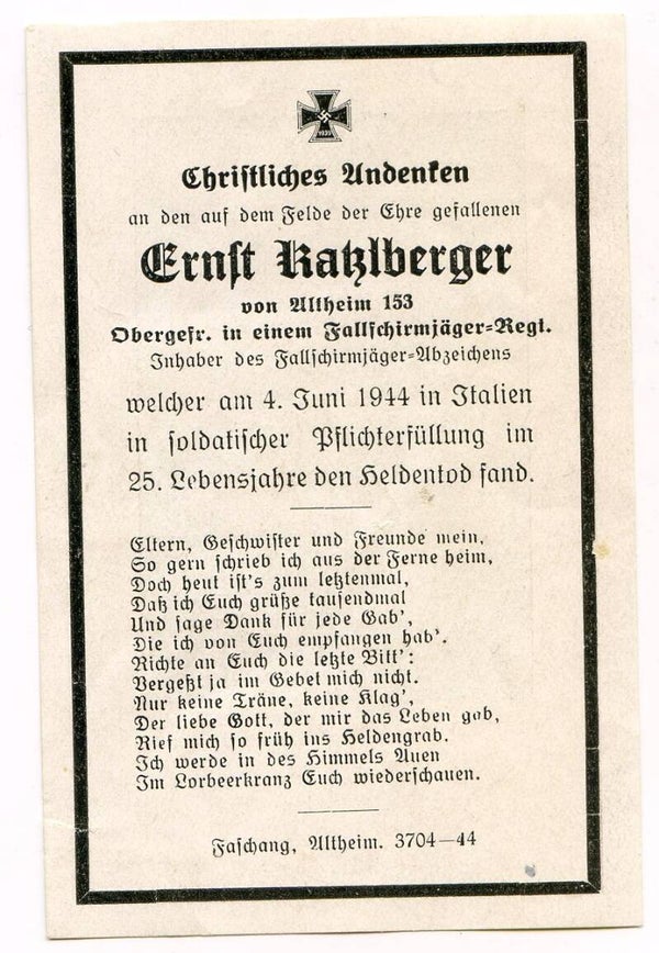 Death Card to Obergefreiter Ernst Karlberger, Fallschirmjäger Rgt, Italy 1944