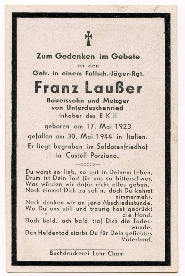 Death Card to Gefreiter Franz Laußer, Fallschirmjäger Rgt, Italy 1944