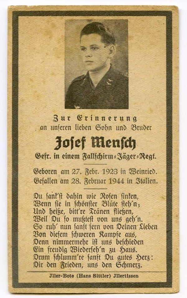 Death Card to Gefreiter Josef Mensch, Fallschirmjäger Rgt, Italy 1944