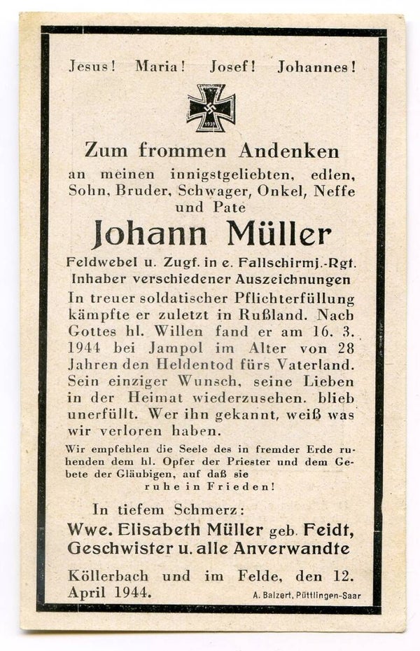 Death Card to Feldwebel Johann Müller, Fallschirmjäger Rgt, Russia 1944