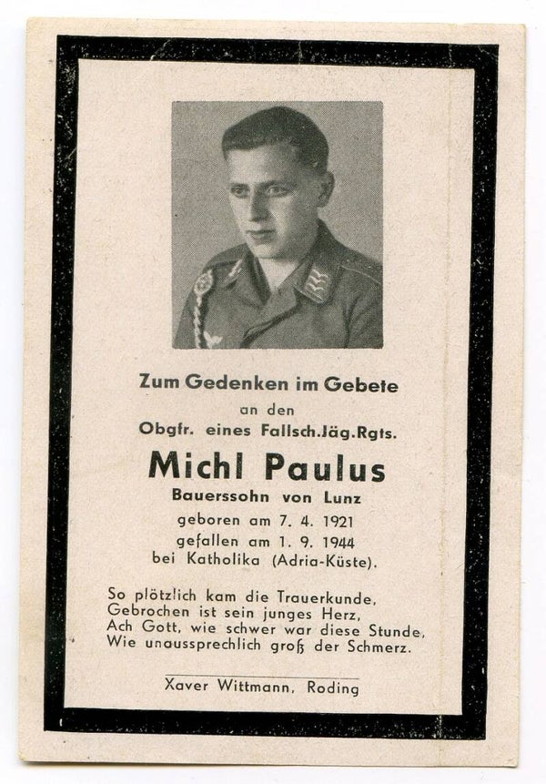 Death Card to Obergefreiter Michl Paulus, Fallschirmjäger Rgt, Adriatic Coast 1944