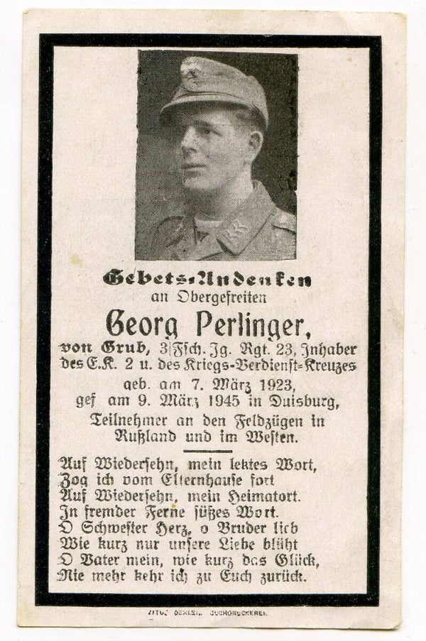Death Card to Obergefreiter Georg Perlinger, 3. Fallschirmjäger Rgt 23, Duisburg 1945