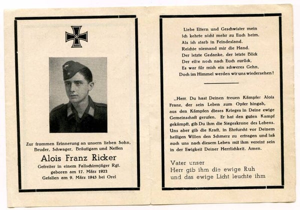 Death Card to Gefreiter Alois Franz Ricker, Fallschirmjäger Rgt, Orel 1943