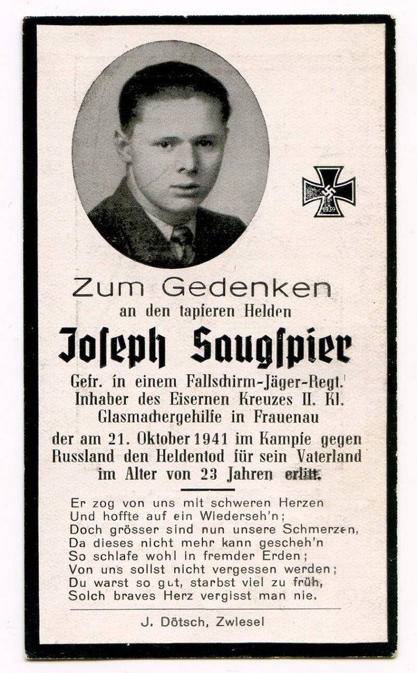 Death Card to Gefreiter Josef Saugspier, Fallschirmjäger Rgt, Russia 1941