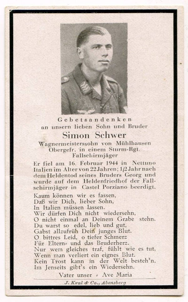 Death Card to Obergefreiter Simon Schwer, Fallschirmjäger Sturm Rgt, Nettuno 1944