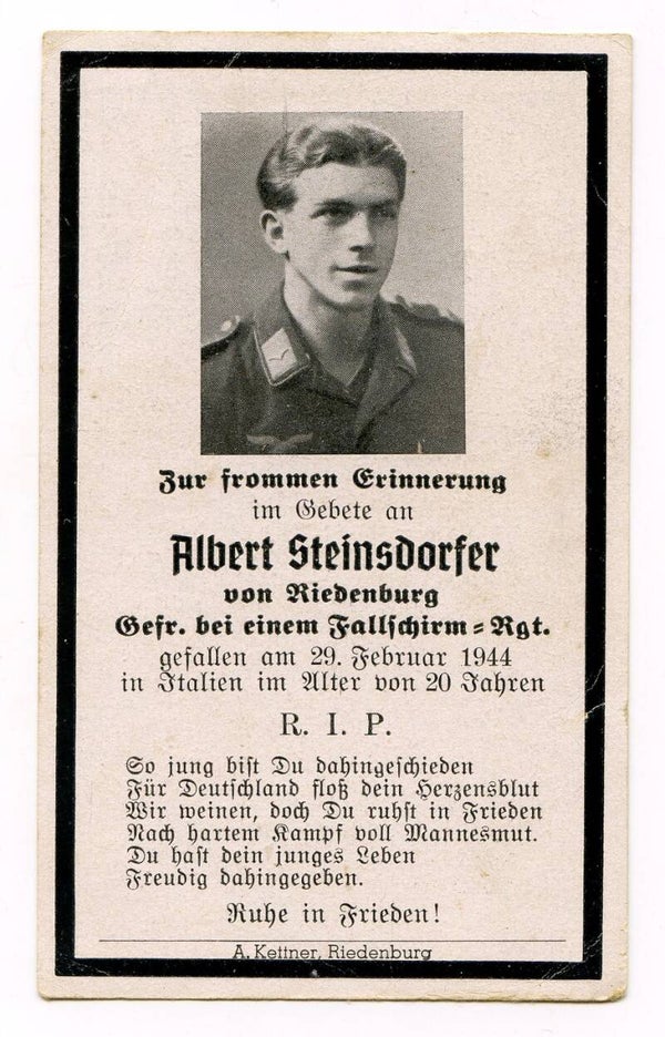 Death Card to Gefreiter Albert Steinsdorfer, Fallschirm Rgt, Italy 1944