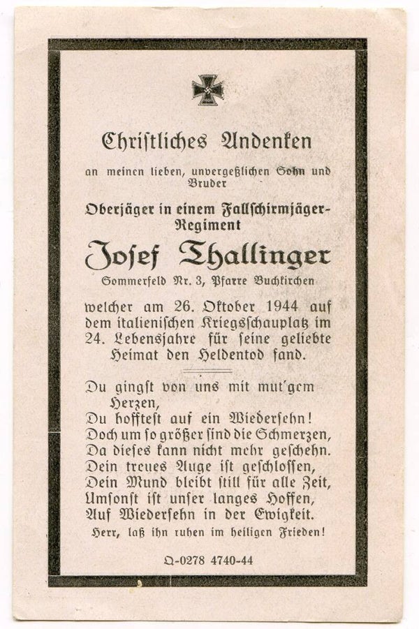 Death Card to Oberjäger Josef Thallinger, Fallschirmjäger Rgt, Italy 1944