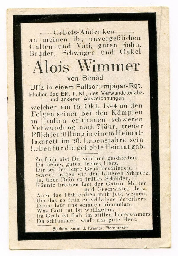 Death Card to Uffizier Alois Wimmer, Fallschirmjäger Rgt, Italy 1944