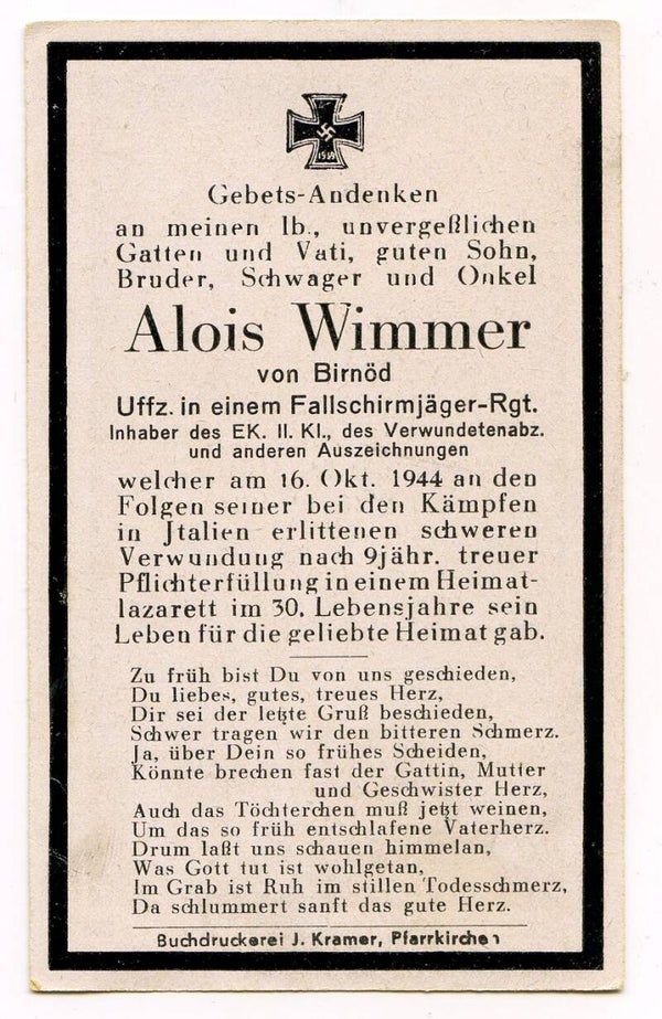 Death Card to Uffizier Alois Wimmer, Fallschirmjäger Rgt, Italy 1944