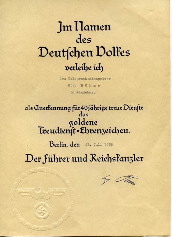 40 Years Faithful Service Medal Award Document