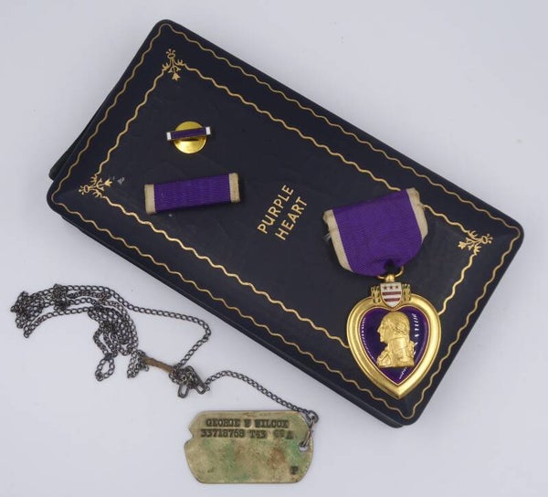 WW2 Cased Purple Heart Medal with Dogtag to George W Wilcox