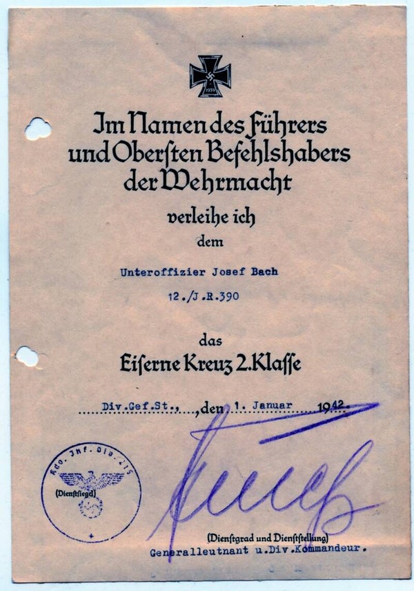 Iron Cross 2nd Class Document I.R. 390 signed by General Baptist Knieß