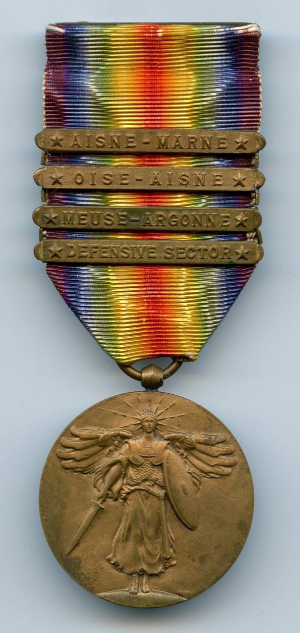 WW1 Victory Medal with "Aisne-Marne/Oise-Aisne/Meuse-Argonne/Defensive Sector" Bars