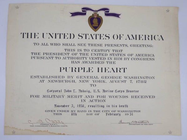 Korean War KIA Purple Heart Document, 1st Marine Division, Korea 1950