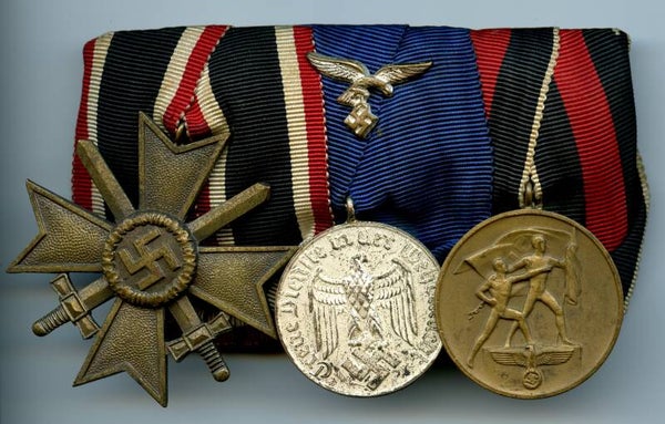 3 Piece Medal Bar (War Merit Cross 2nd Class with Swords/4 Years Long Luftwaffe Service/Czech Annexation)