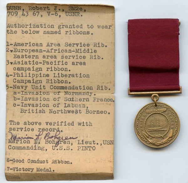 WW2 Named Navy Good Conduct Medal (USS Pinto, D-Day)