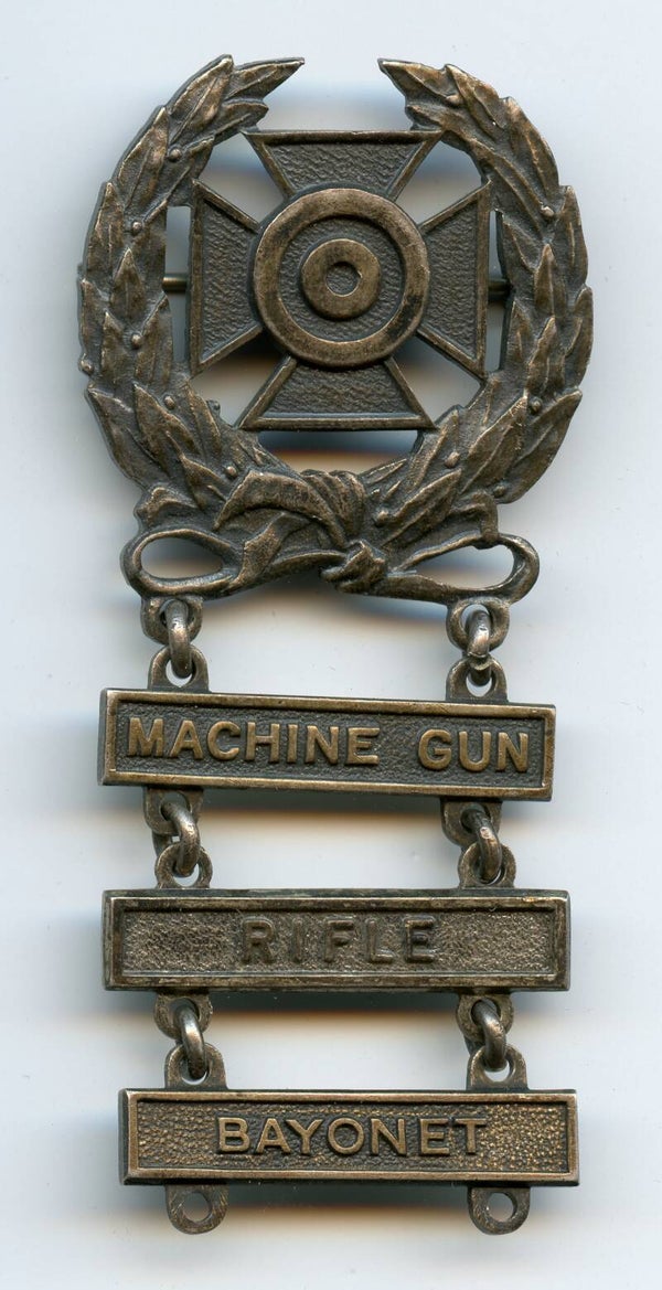 WW2 Sterling Expert Sharpshooter Marksmanship Badge "Machine Gun, Rifle & Bayonet Clasps"