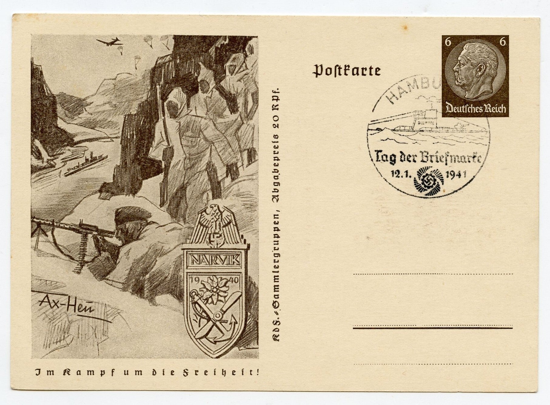 Postcard 'Im Kampf um die Freiheit! "Narvik Shield"'