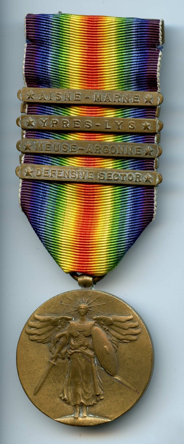 WW1 Victory Medal with "Aisne-Marne/Ypres-Lys/Meuse-Argonne/Defensive Sector" Bars