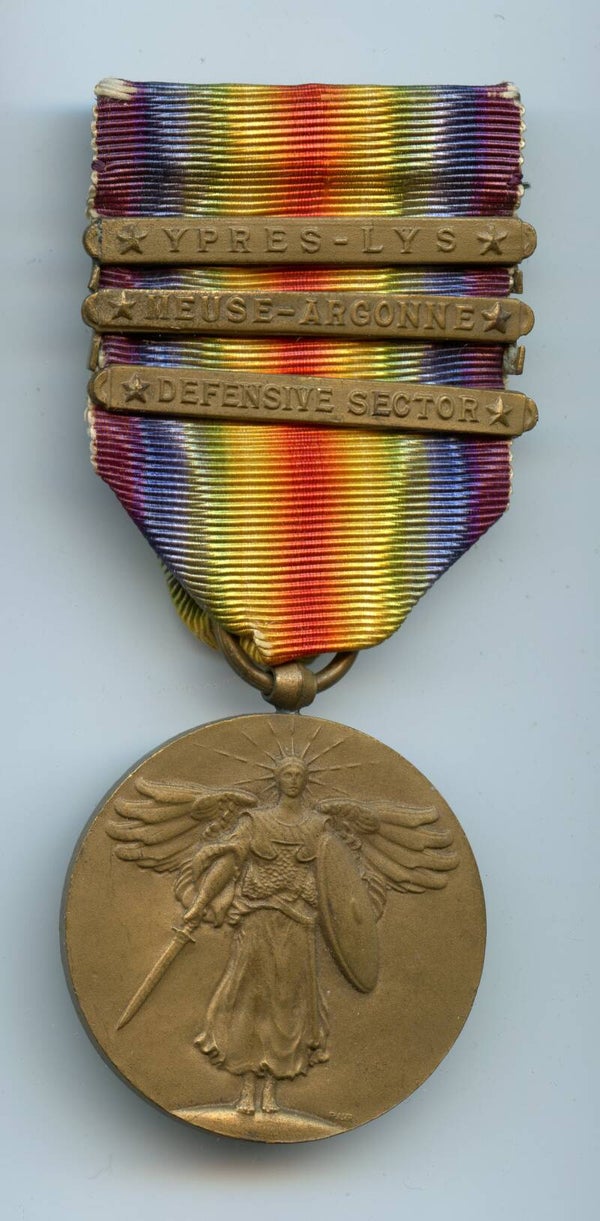 WW1 Victory Medal with "Ypres-Lys/Meuse-Argonne/Defensive Sector" Bars