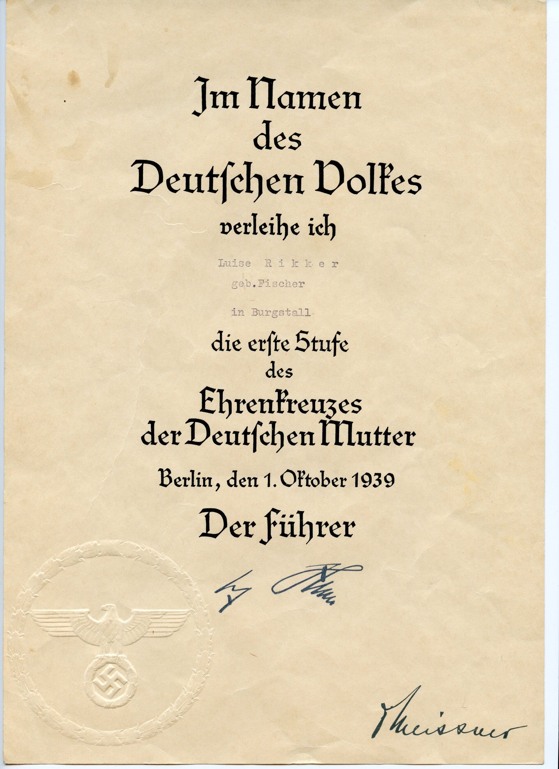 Mother Cross in Gold Award Document